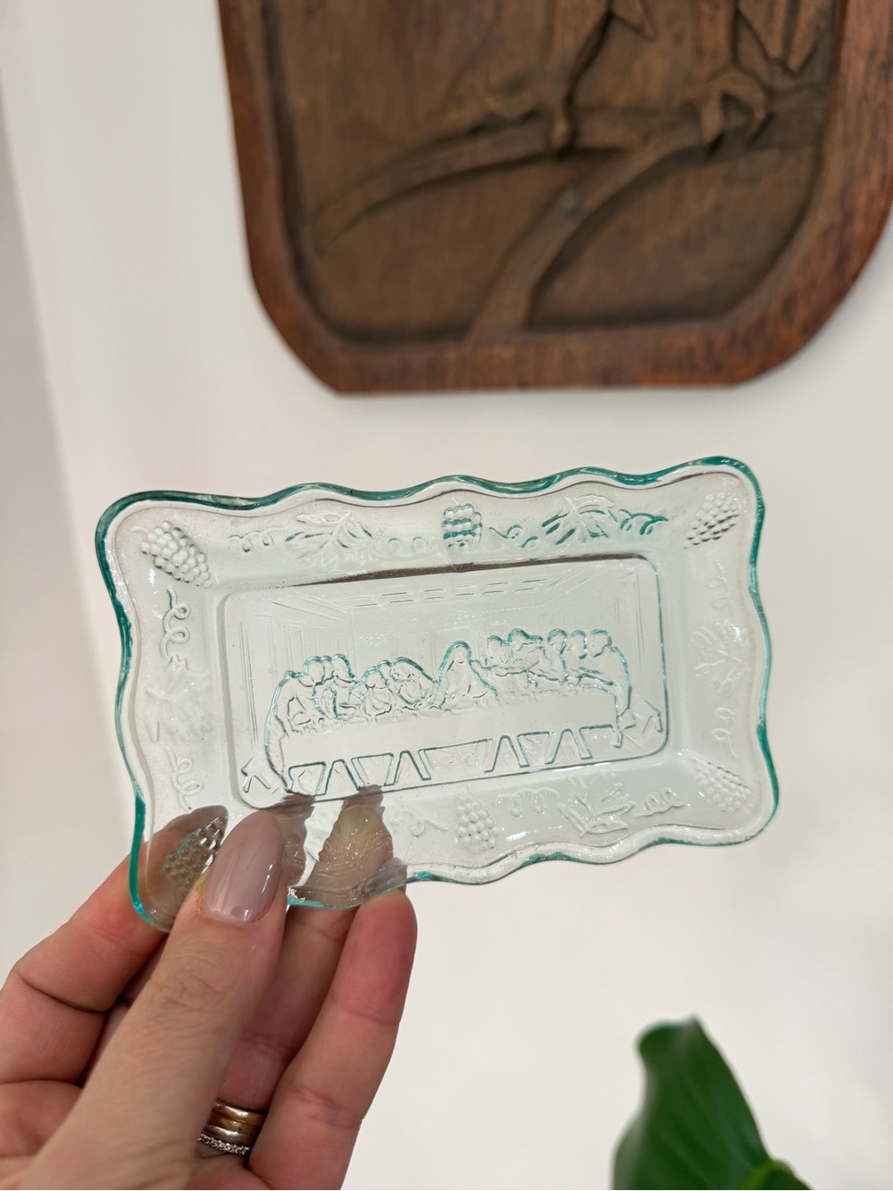 Vintage Glass Last Supper Trinket Dish Religious Christian Decor Tiara